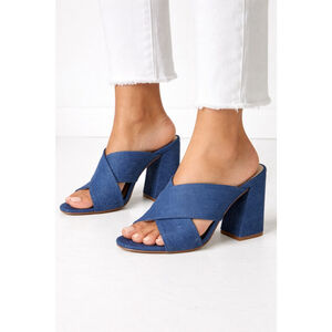 Schutz Denim Block Heel Mule Sandals Criss Cross Open Toe Blue Size 9